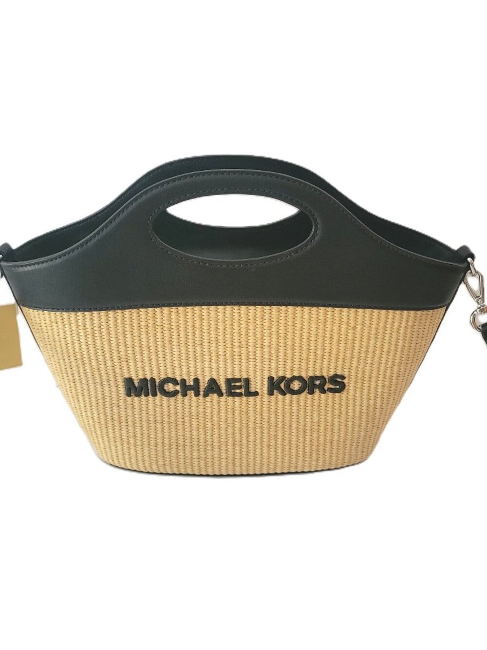 Michael Kors Tatum Medium Tote Crossbody Black Woven Straw Faux Leather Handbag